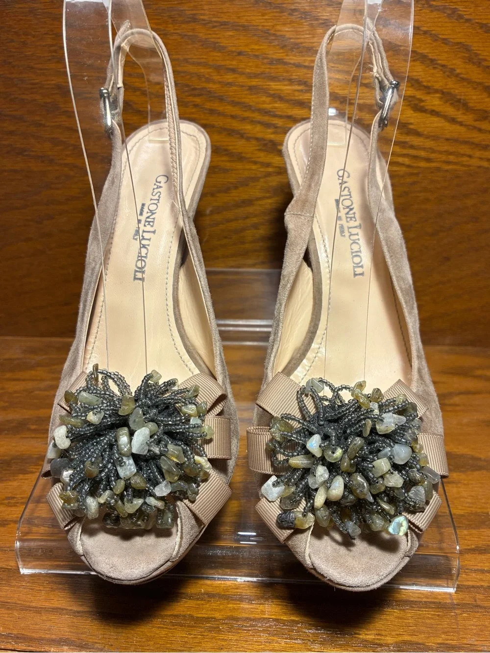 Gastone Lucioli ITALY Beaded Suede Platform Slingback Heels Taupe EU 40 US 9.5